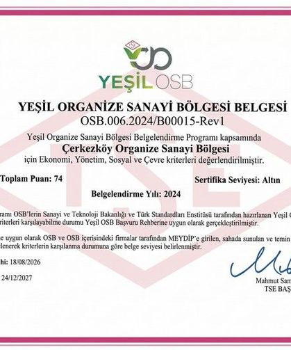 ÇOSB, YEŞİL OSB OLARAK ALTIN SEVİYEYE YÜKSELEN İLK OSB OLDU